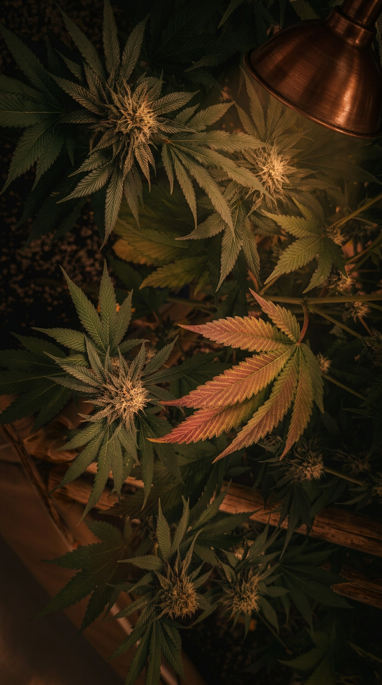 Cannabis plants under warm cultivation lighting at Rare Earth