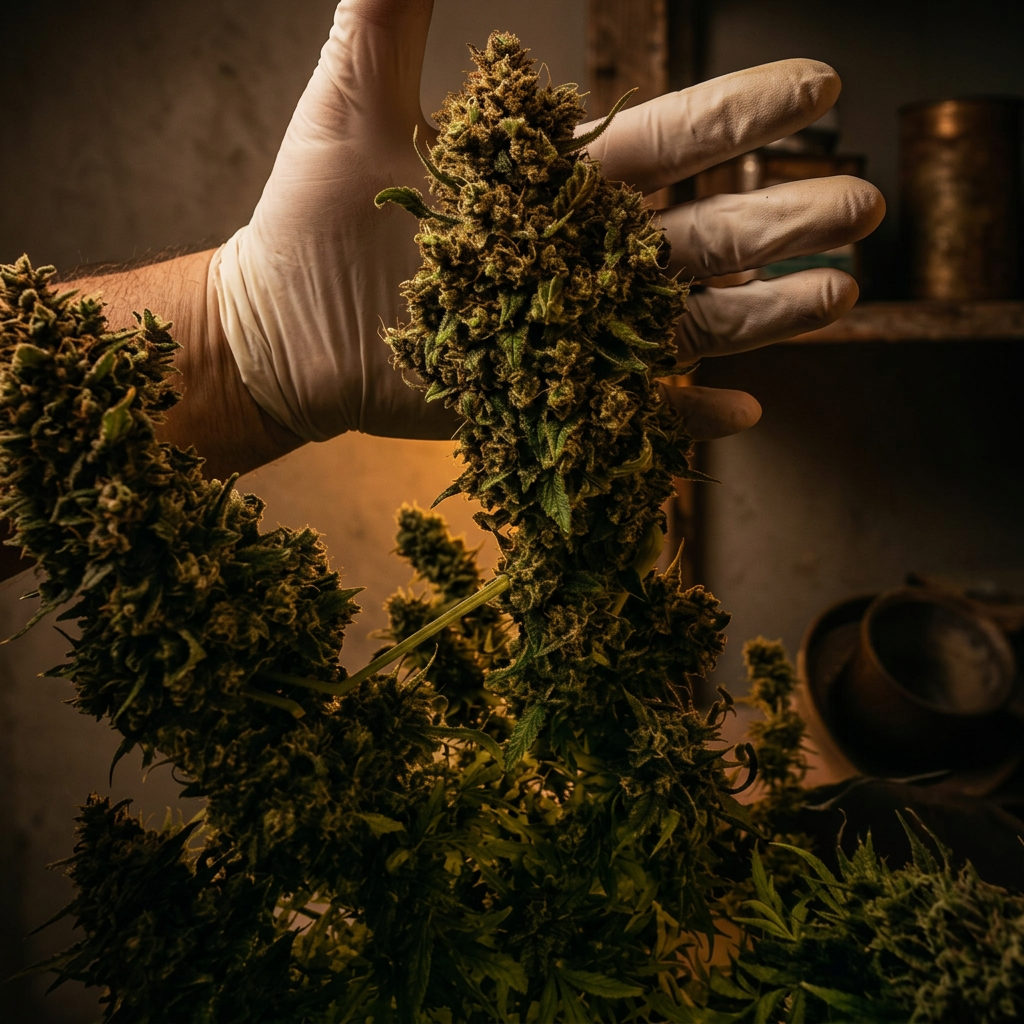 Gloved hand inspecting a dense cannabis cola at Rare Earth cultivation